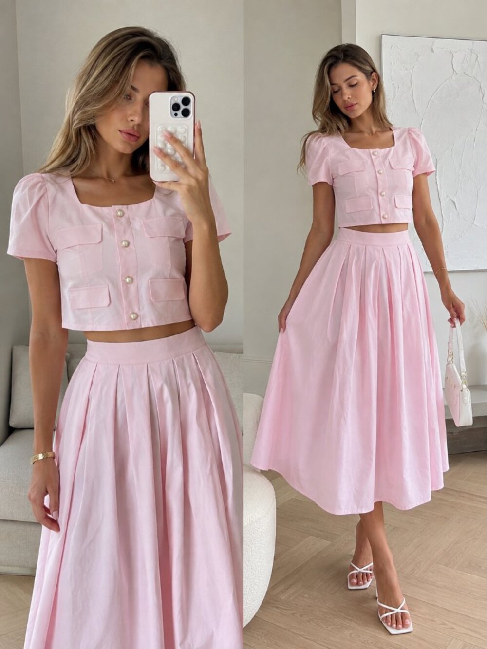 Only Fashion Pink Two Piece Skirt Set Women's L Crop Top Midi Skirt NWT